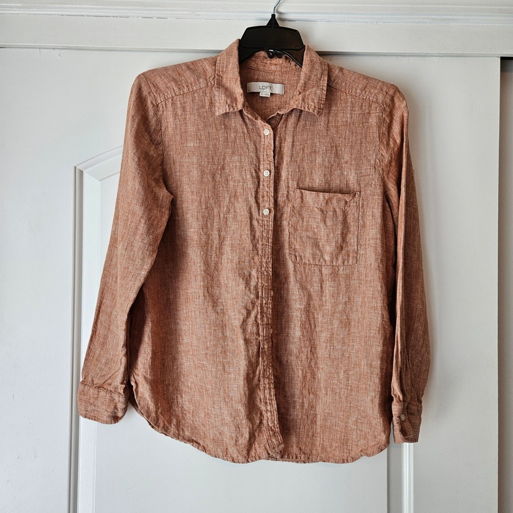 LOFT Button Down Shirt Women's Medium Long Sleeve Casual Orange 100% Linen Beach